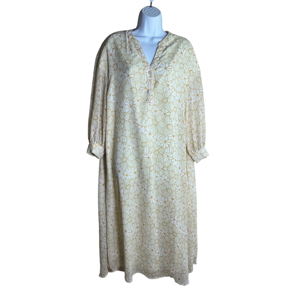 SHEIN Women Cream‎ Yellow Floral V-Neck Midi Dress Long Sleeve Size L